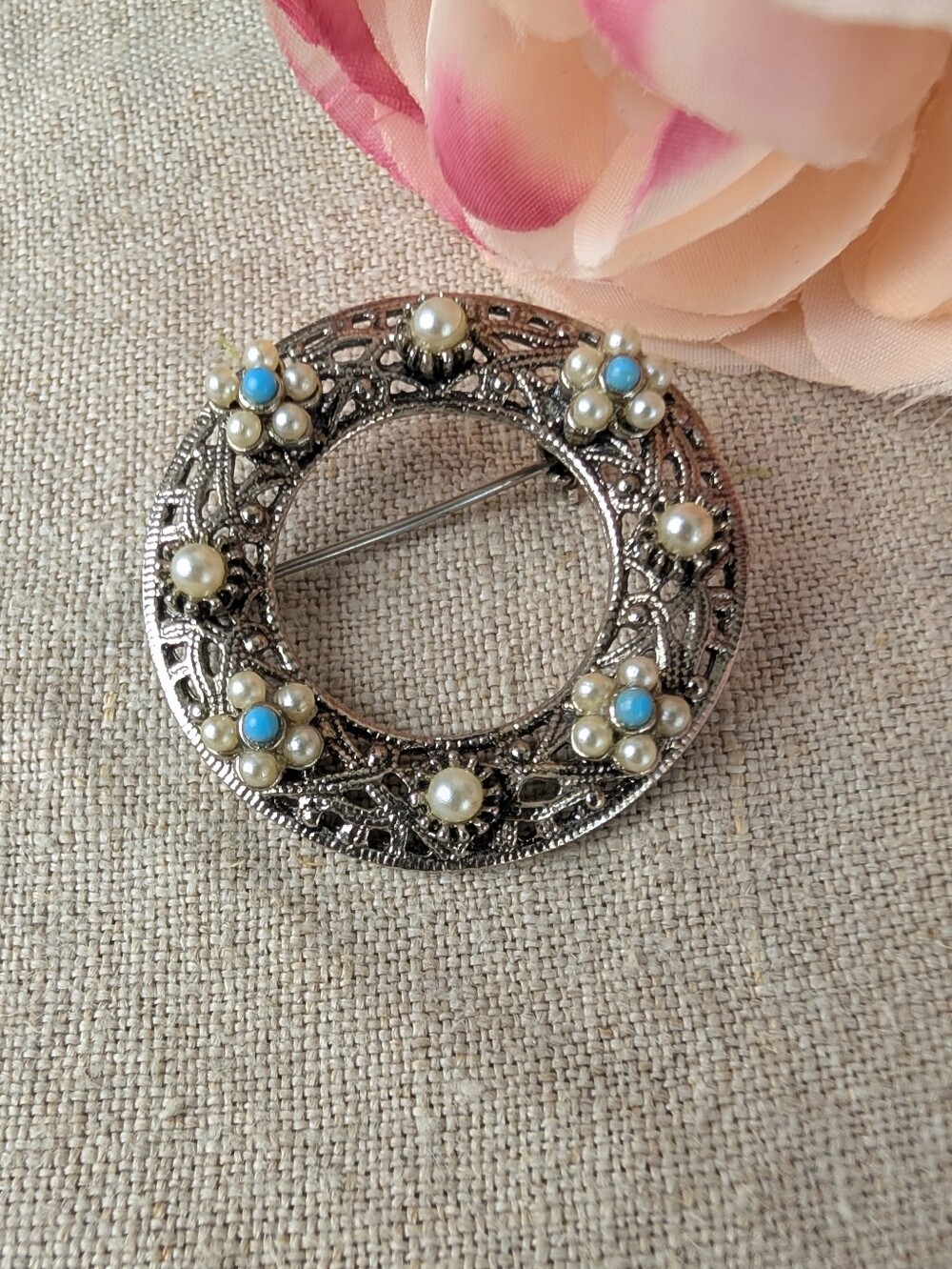 Vintage Faux Pearl Floral Circle Brooch Blue Cabochon Silver Tone Coquette